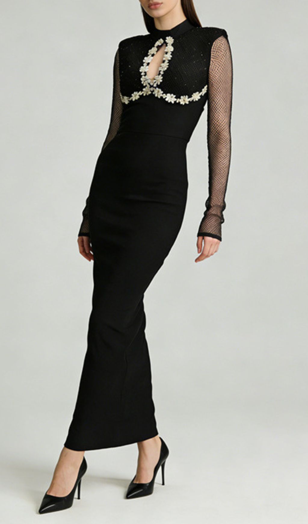 Jaliyah Black Embellished Mesh Sleeve Maxi Dress | Elegant Long Sleeve Gown
