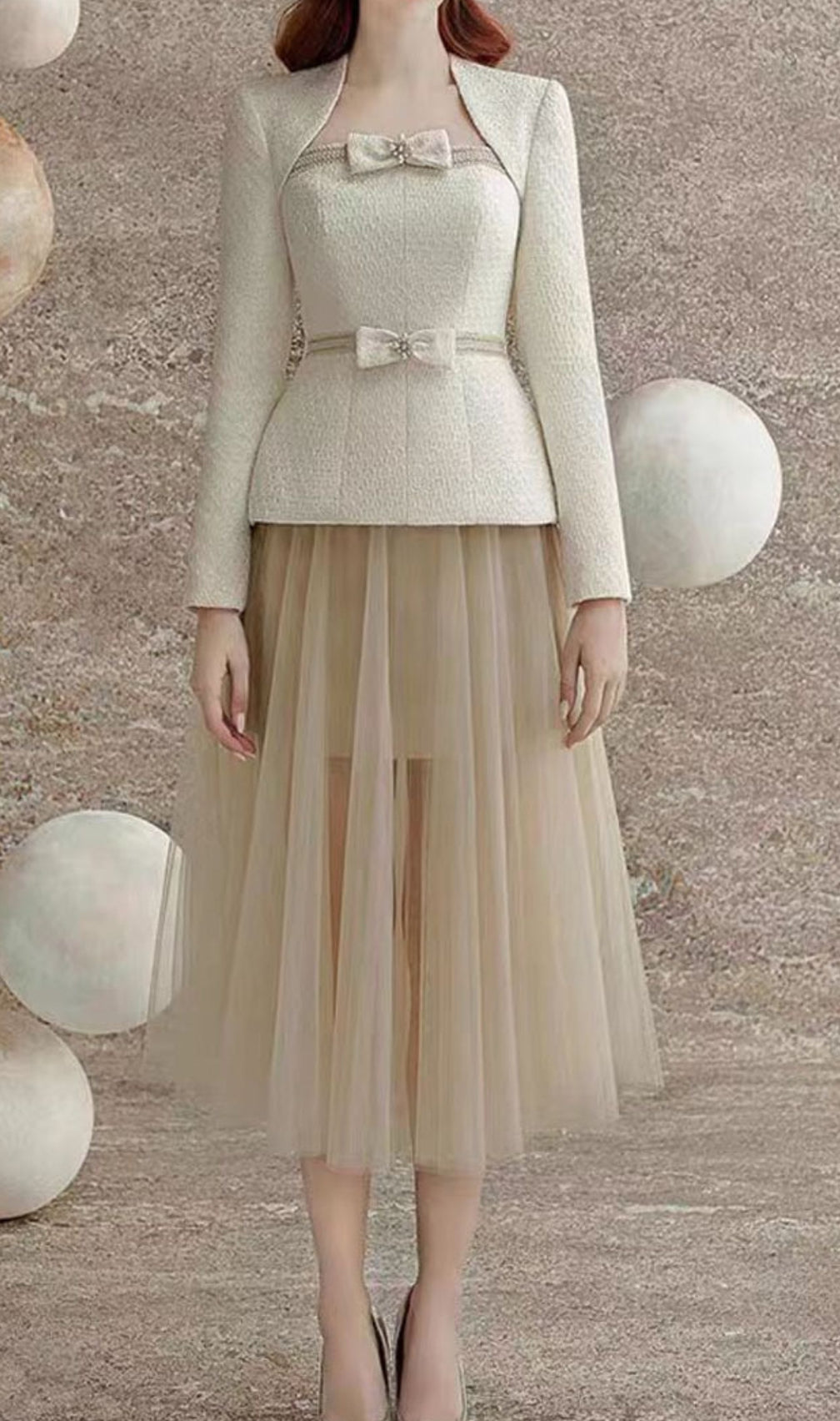 Cristy Long Sleeve Bow Mesh Skirt Set