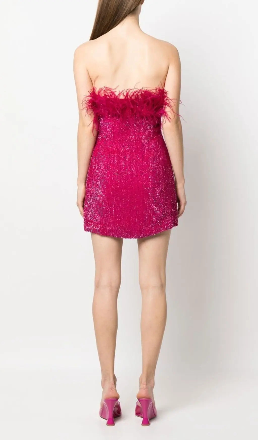 Sequin Feather Strapless Mini Dress In Hot Pink