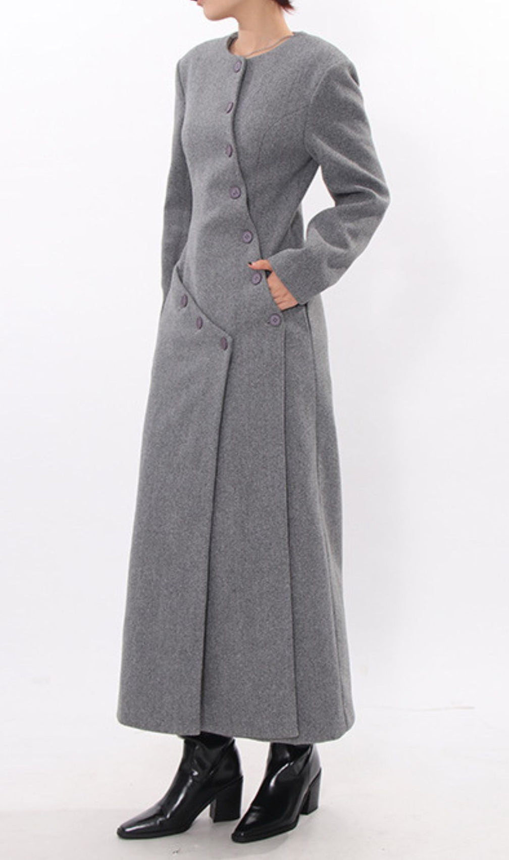 Iekika Elegant Grey Maxi Coat - Chic Asymmetrical Purple Button Outerwear for Women
