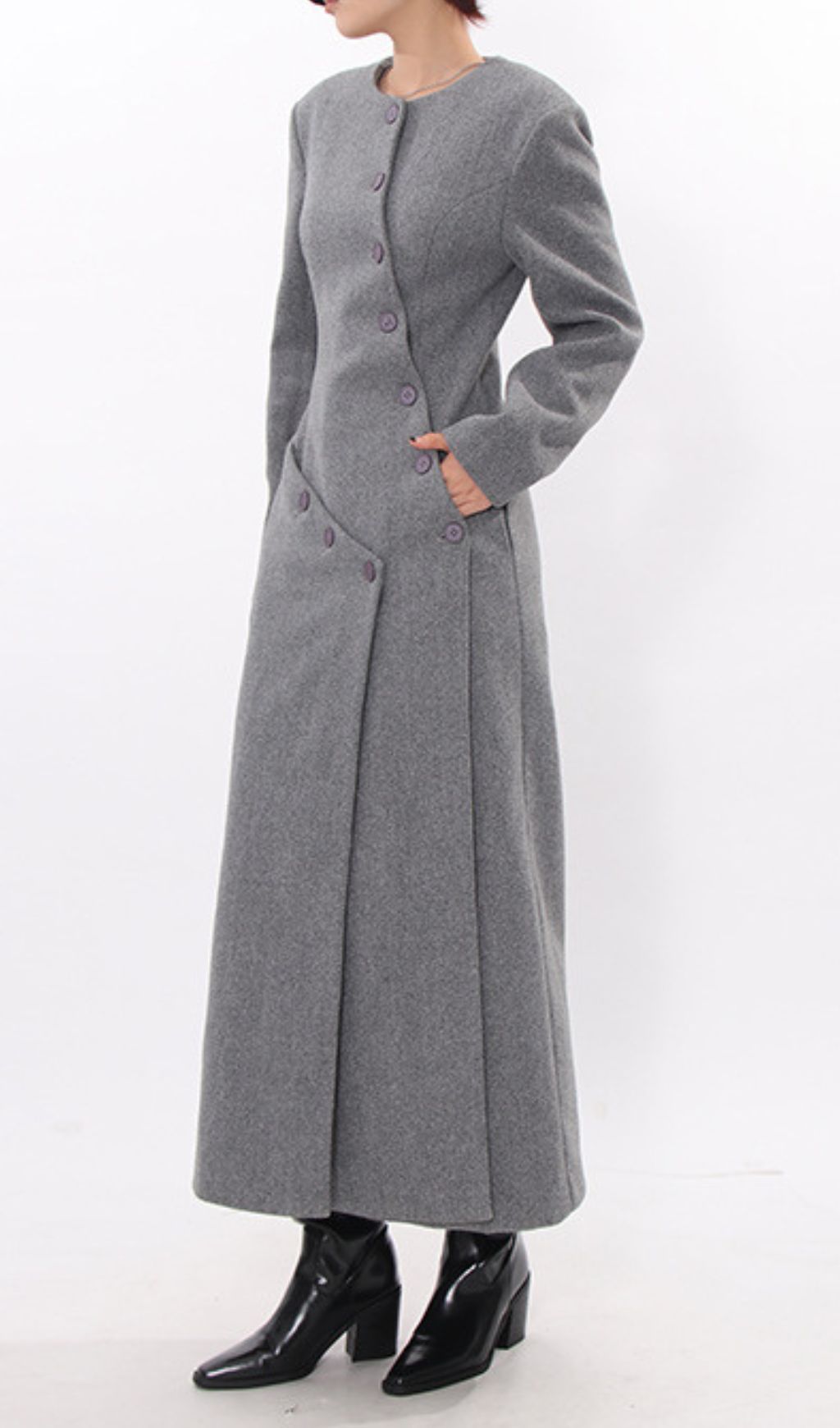 Iekika Elegant Grey Maxi Coat - Chic Asymmetrical Purple Button Outerwear for Women