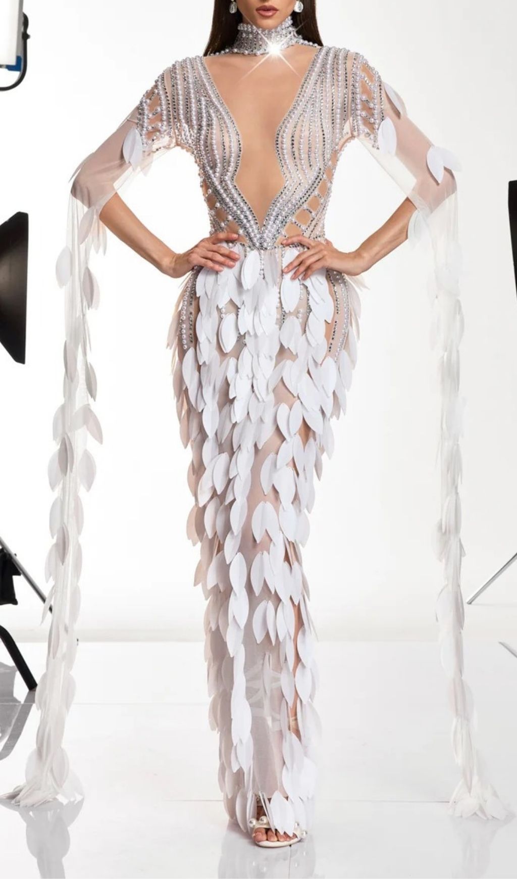 Velune Cape Sleeve Leaf Embellished Maxi Dress