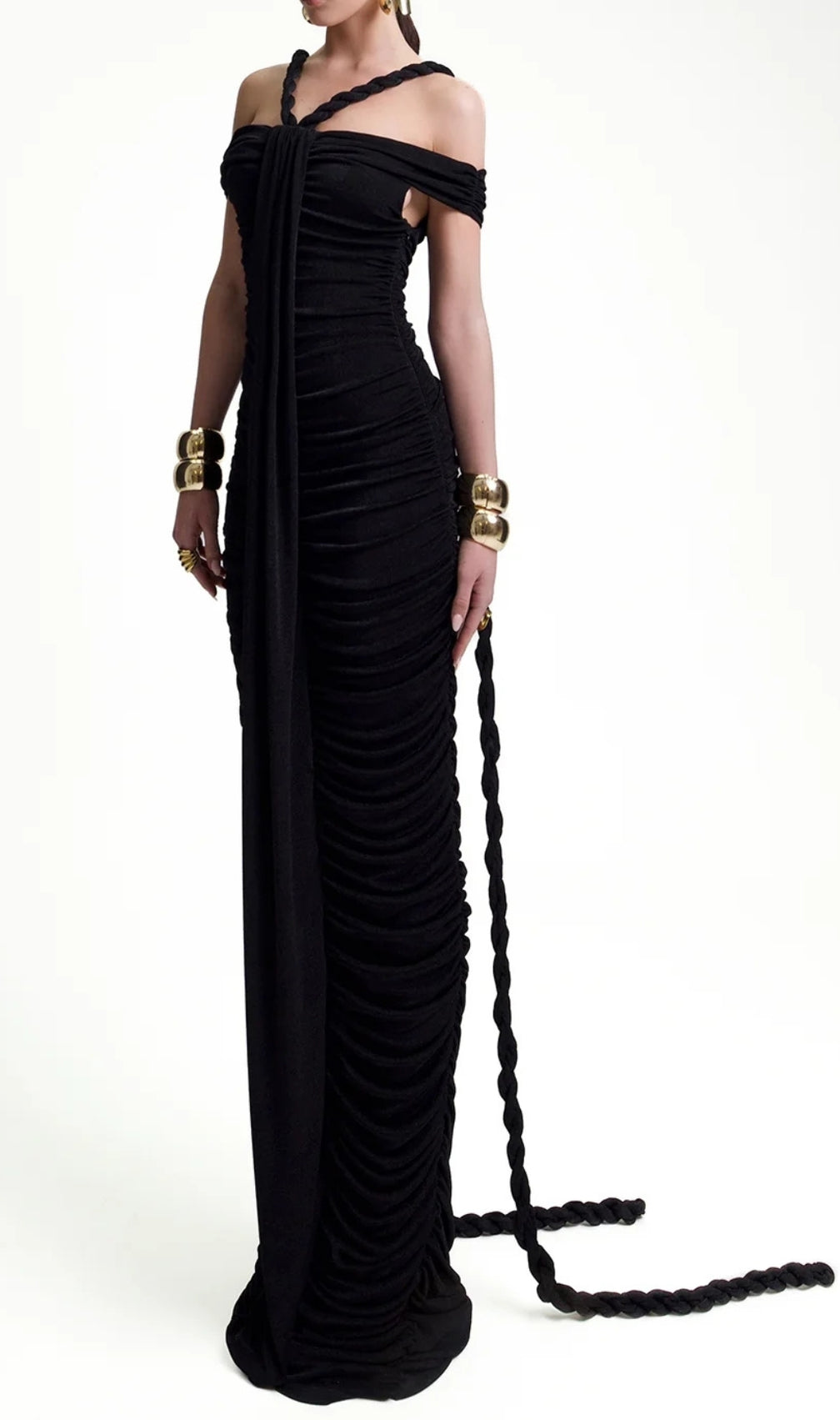 Buddug Black Bardot Ruched Maxi Dress