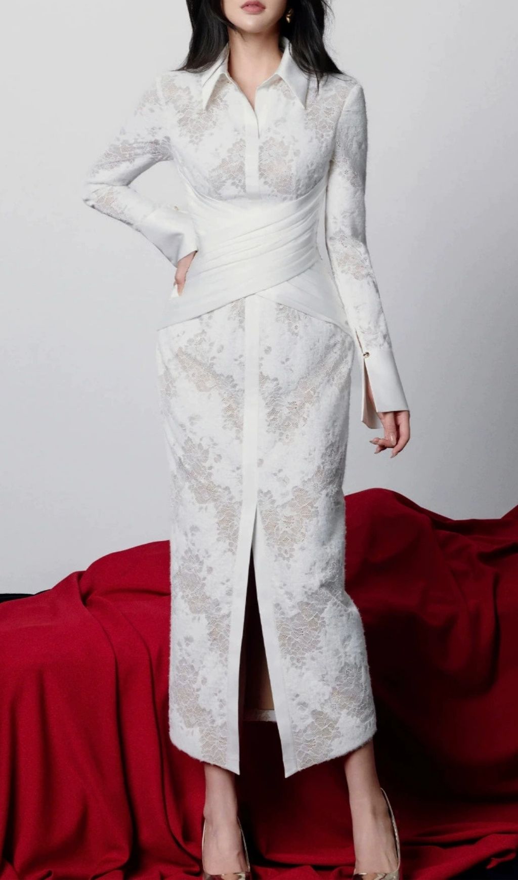 Kerani Timeless White Lace Midi Dress | Elegant Long Sleeve & Bridal Guest