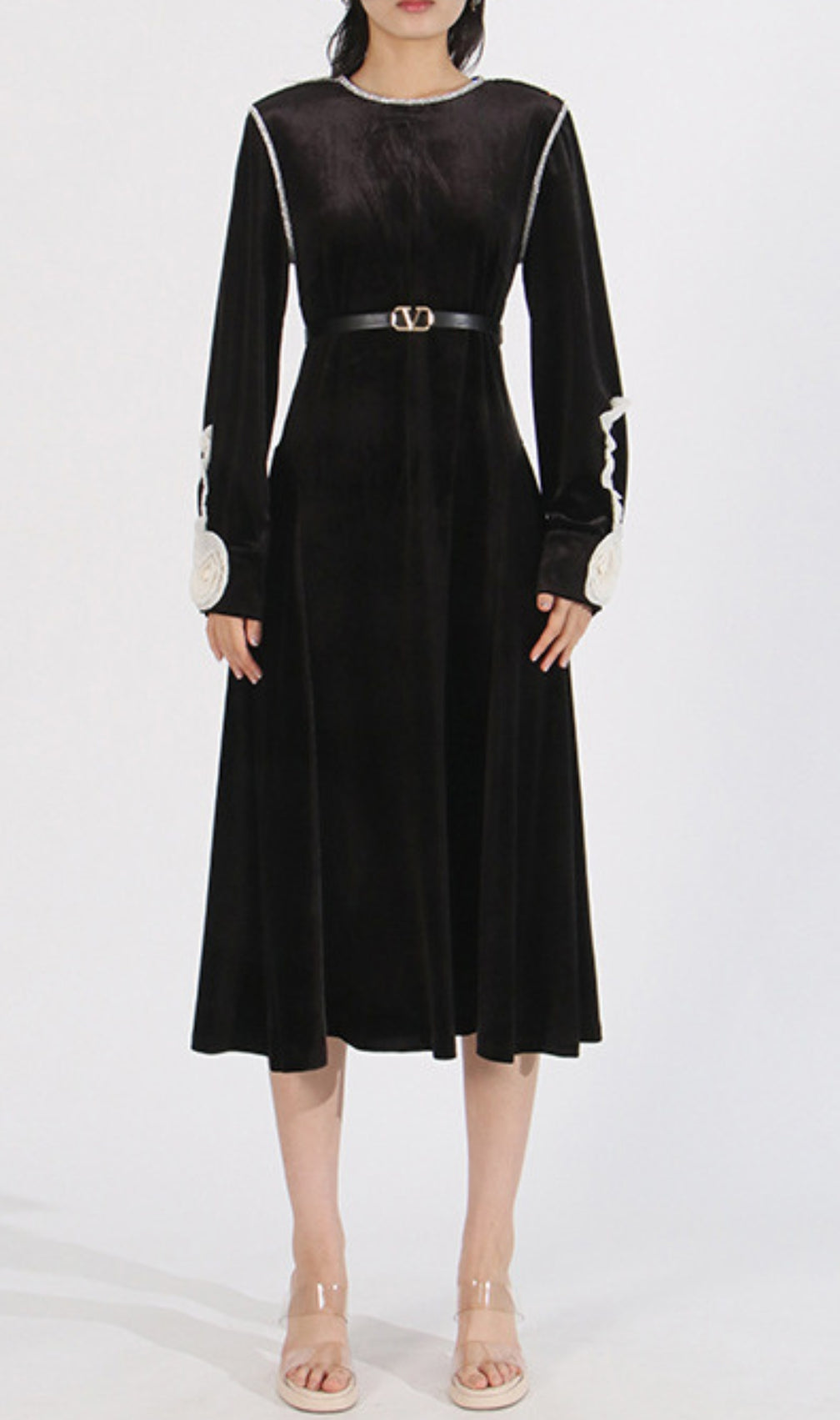 Cleave Black Flower Long Sleeve Midi Dress
