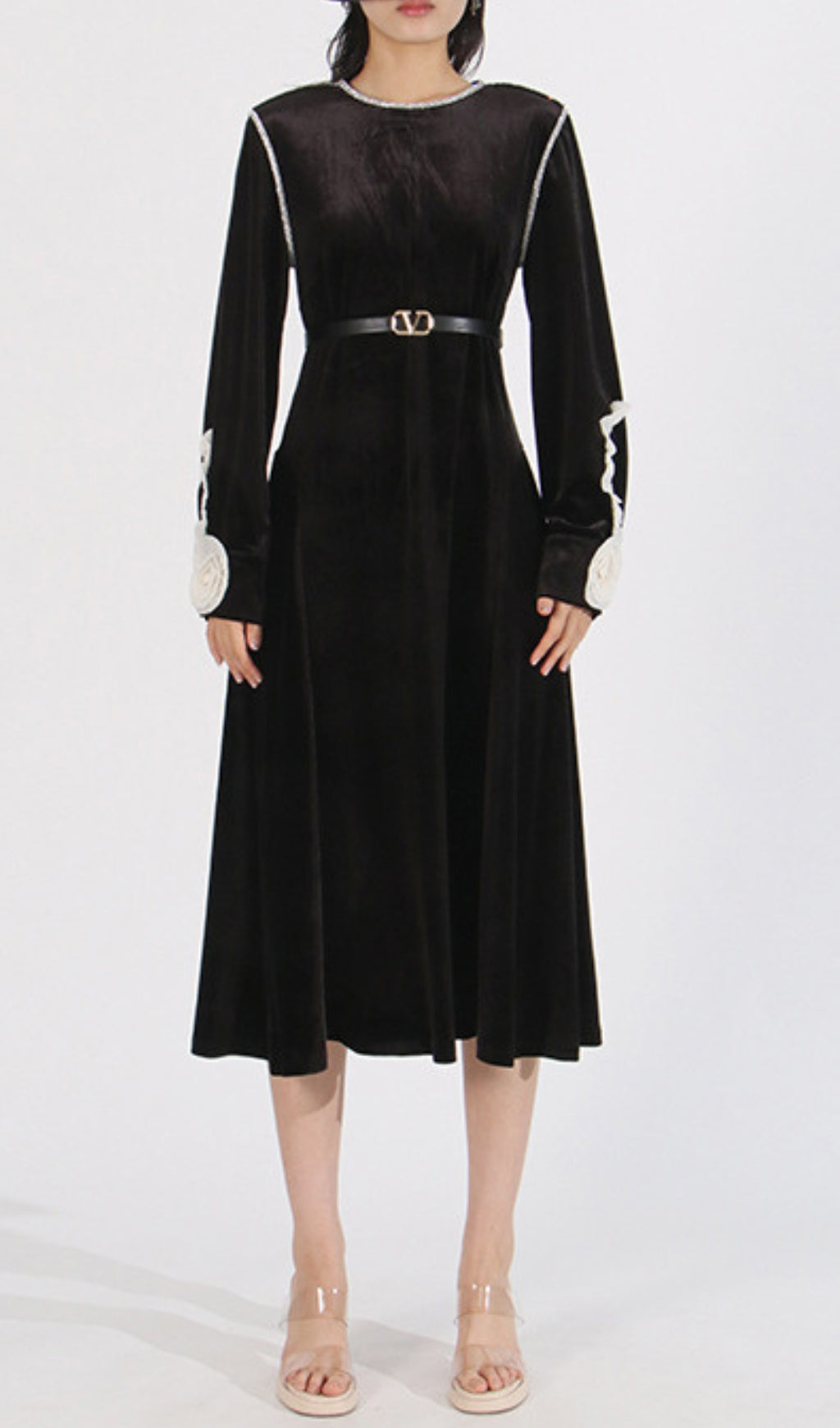 Cleave Black Flower Long Sleeve Midi Dress