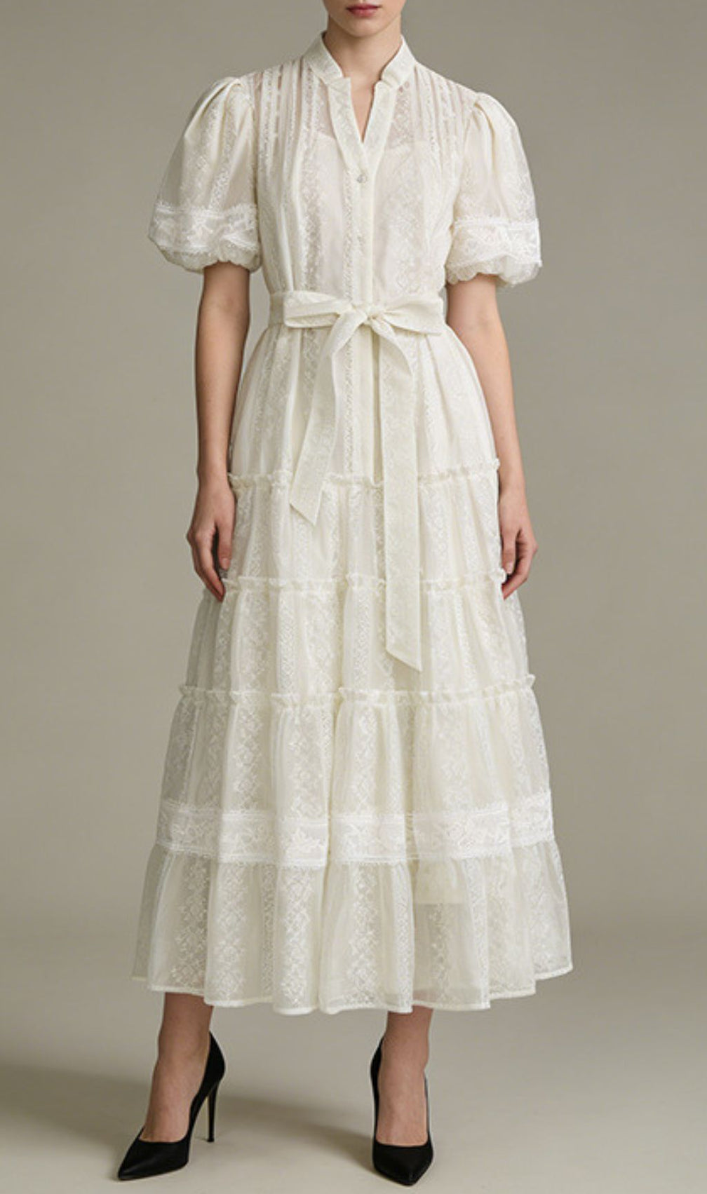 Jad Romantic Lace Puff-Sleeve Tiered Maxi Dress