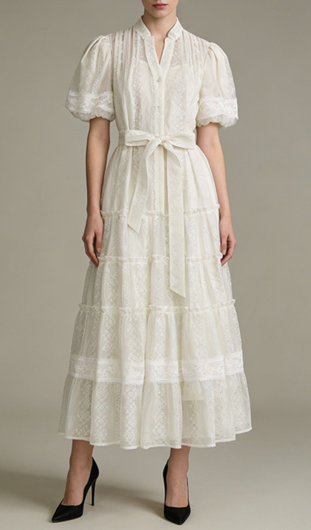 Jad Romantic Lace Puff-Sleeve Tiered Maxi Dress