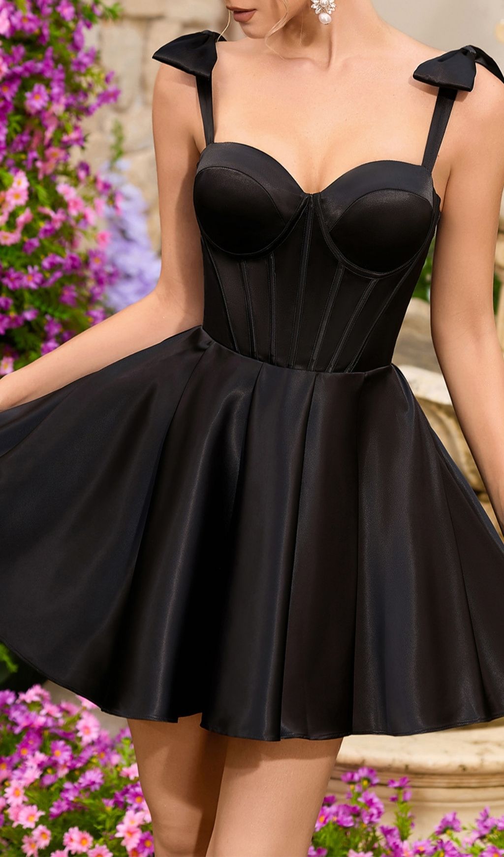 Katsuko Black Bow Strap Corset Mini Dress - Luxe Satin Party & Cocktail