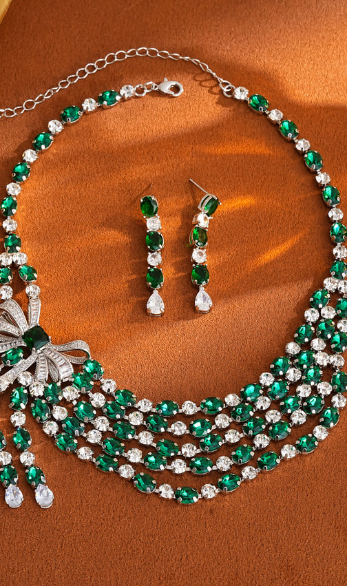 Elegant Emerald Green Bow Cubic Zirconia Jewelry Set