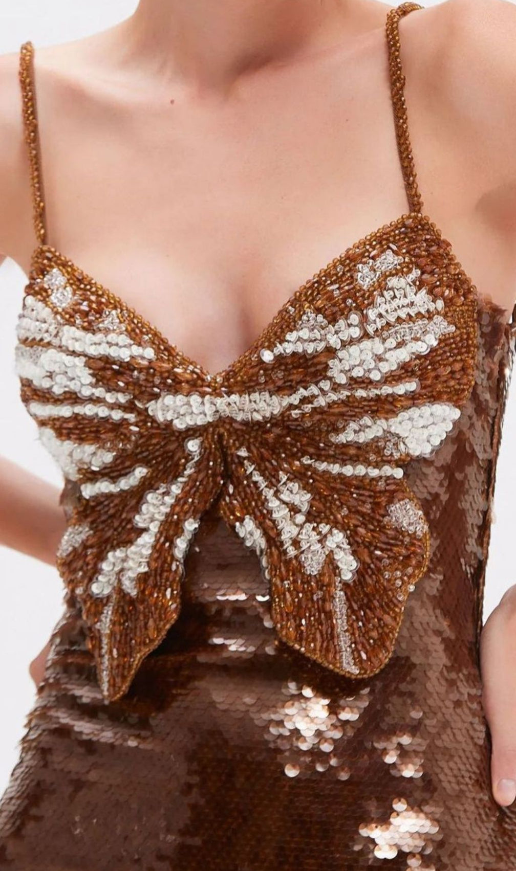 Kyveli Brown Strappy Butterfly Sequin Mini Dress