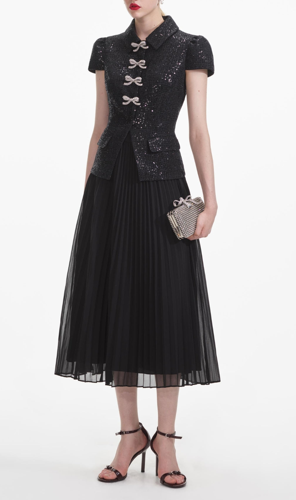 Black Boucle Bow Midi Dress