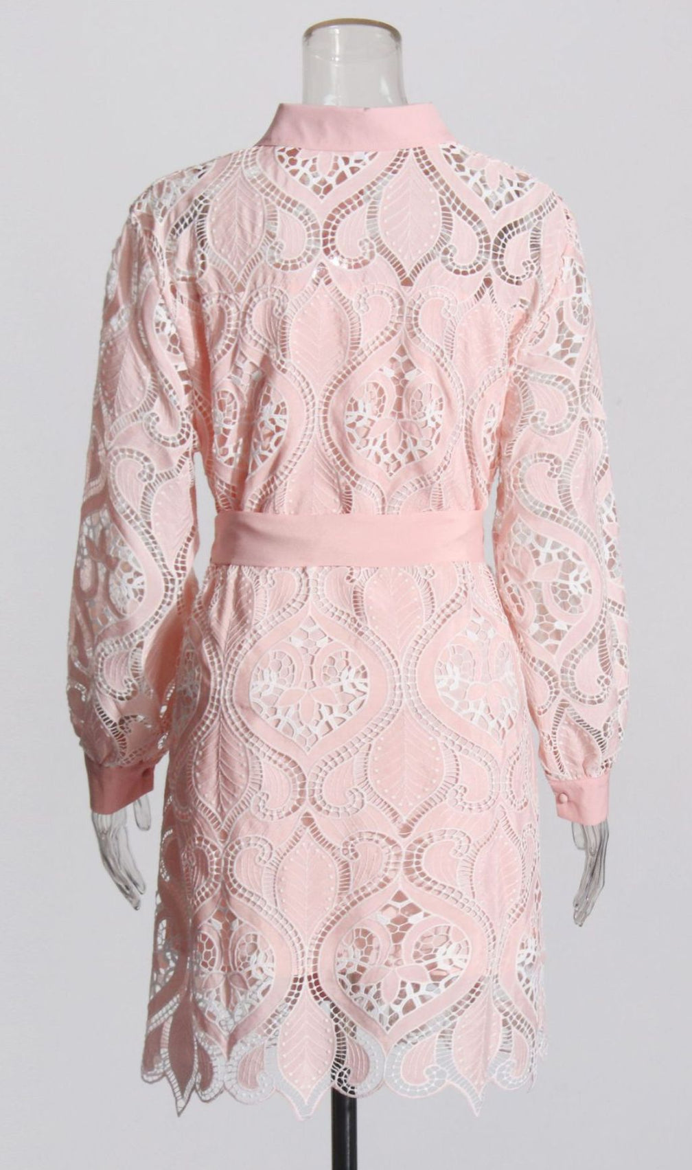 Isandro Blush Pink Embroidered Lace Long Sleeve Mini Shirt Dress with Tie-Waist