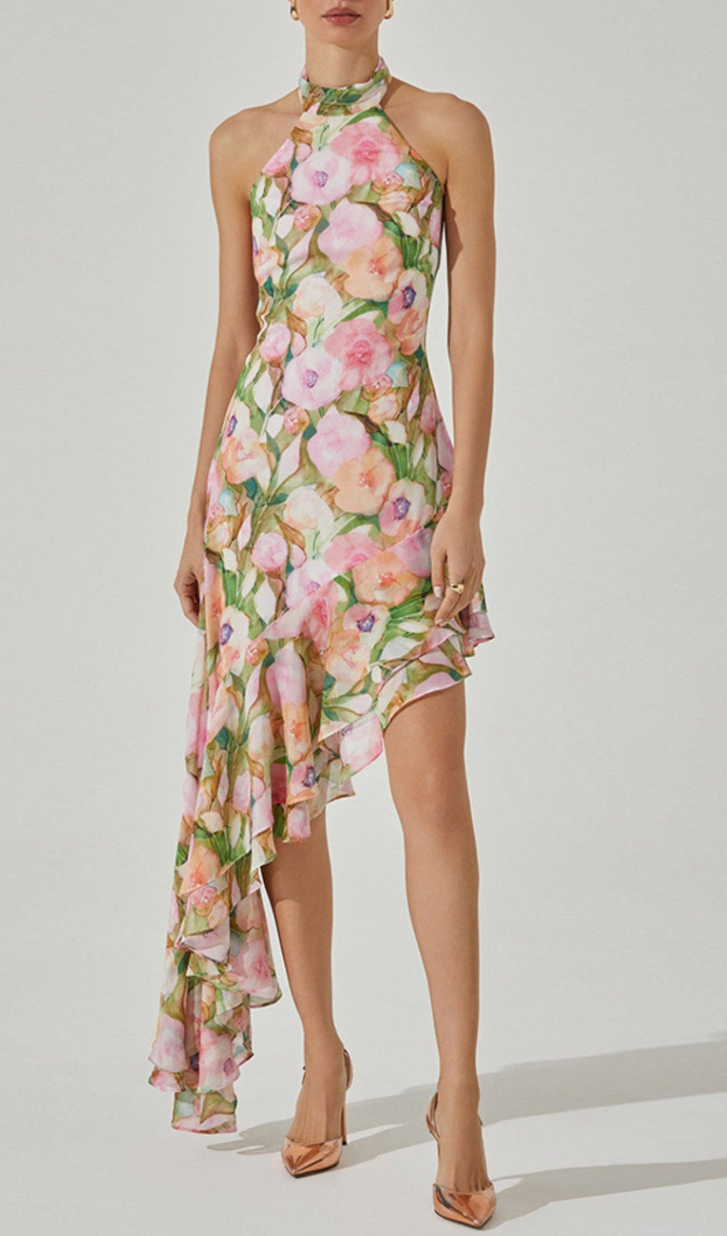 Brinsley Halter Floral Ruffle Maxi Dress