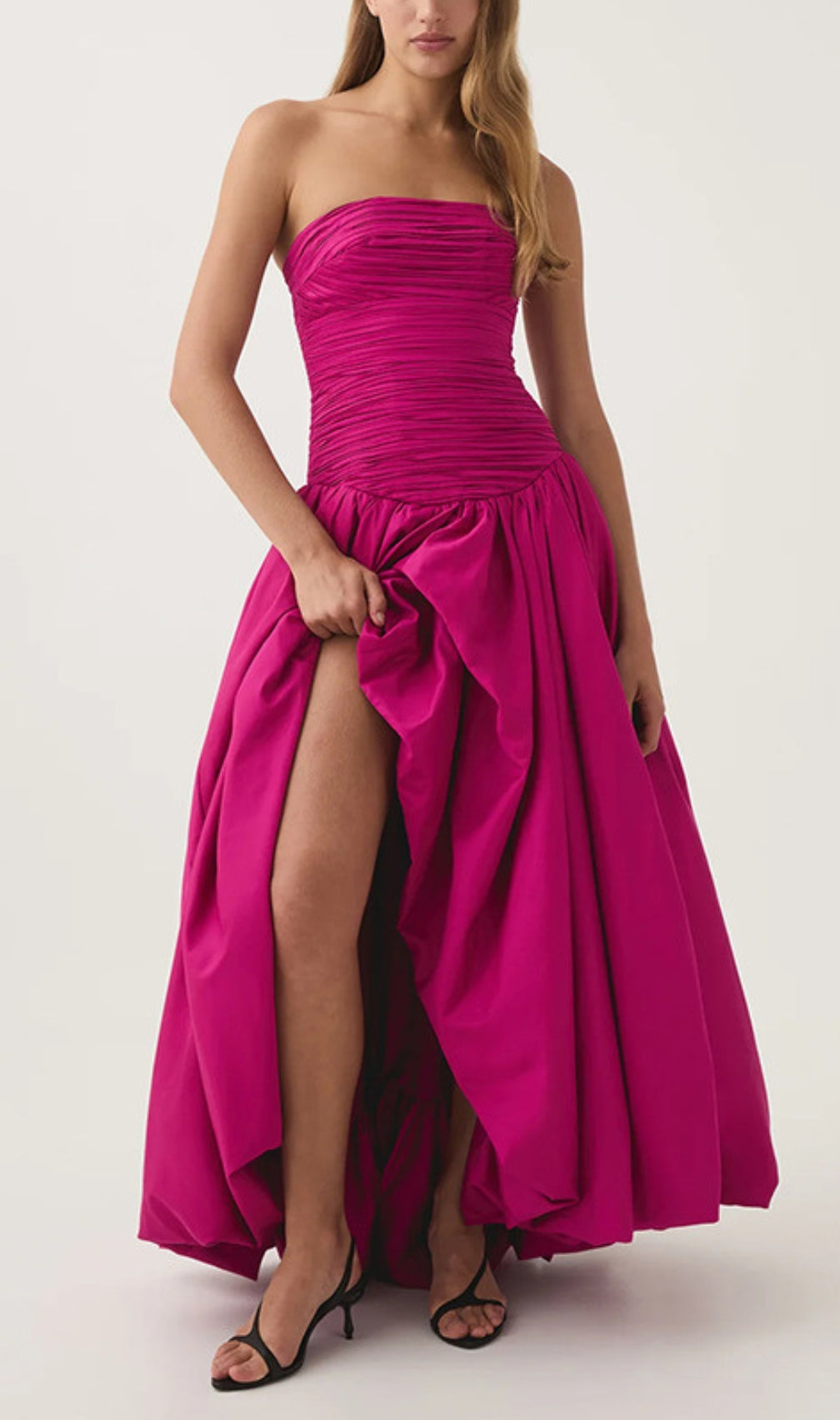 Strapless Ruched Puff Maxi Dress Hot Pink
