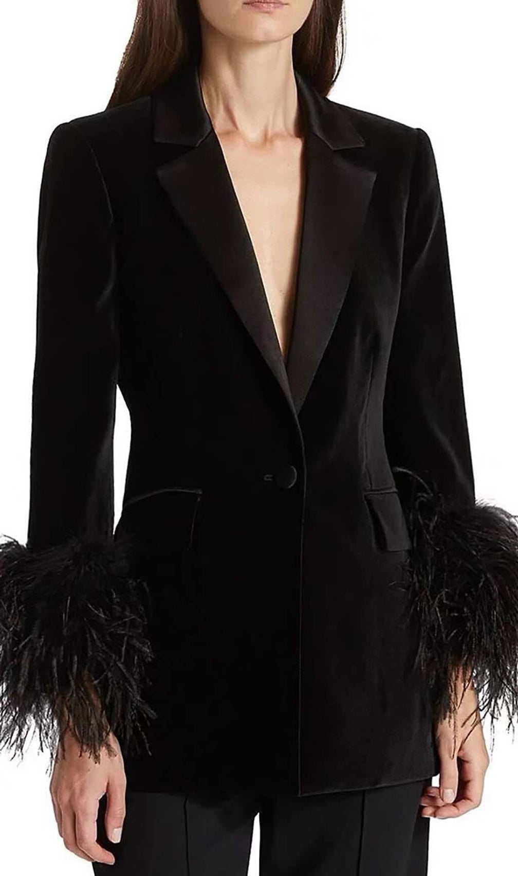 Velvet Feather-Trim Jacket In Black