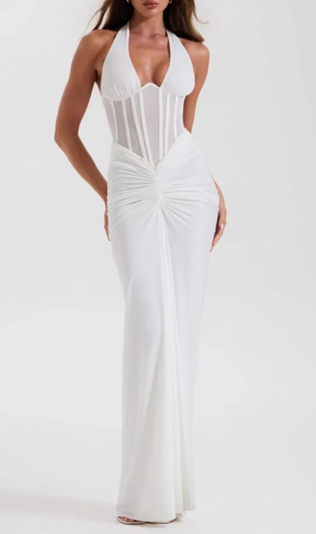 Kezia Elegant White Halter Corset Ruched Maxi Dress - Bridal & Special Occasions