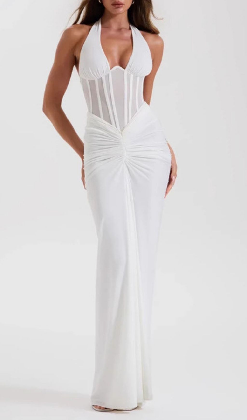 Kezia Elegant White Halter Corset Ruched Maxi Dress - Bridal & Special Occasions
