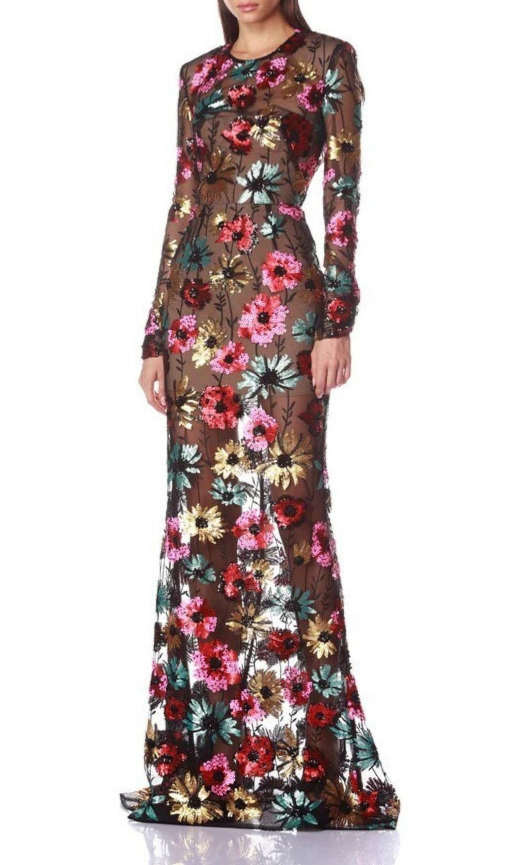 Kaoru Dazzling Sequin Floral Mesh Maxi Dress | Long Sleeve Evening Gown