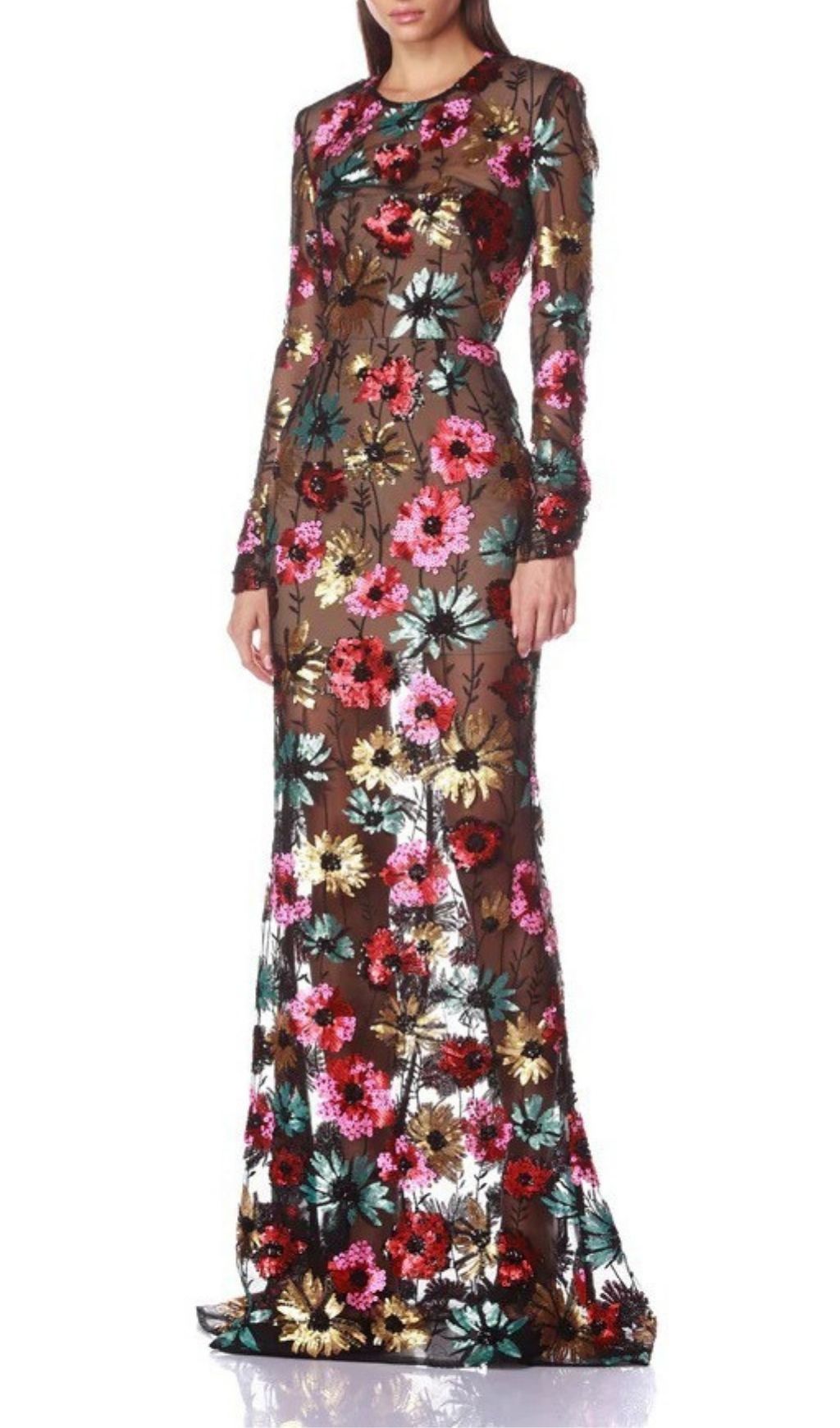 Kaoru Dazzling Sequin Floral Mesh Maxi Dress | Long Sleeve Evening Gown