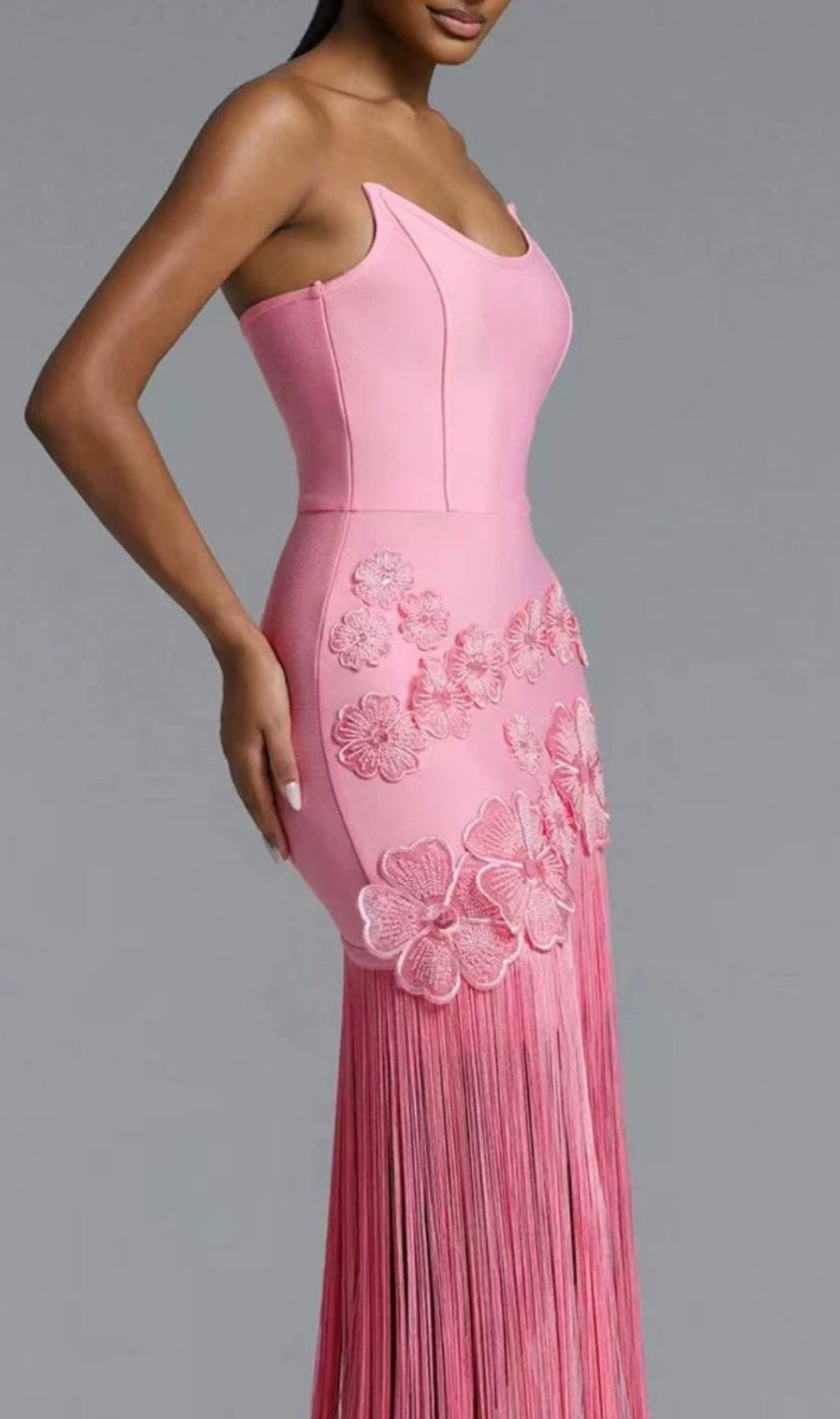 Koa Pink Strapless Flower Tassel Bandage Maxi Dress