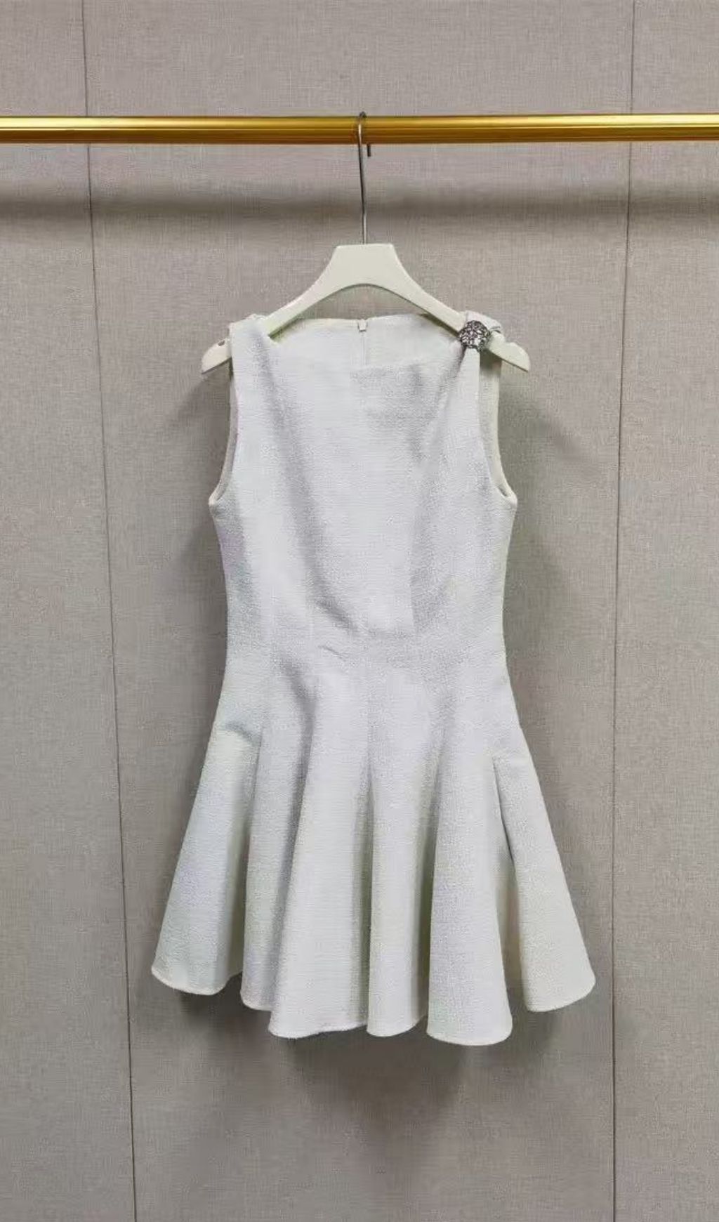 Elegant White Flared Mini Dress | Chic Sleeveless Boat Neck with Shoulder Jewel Detail