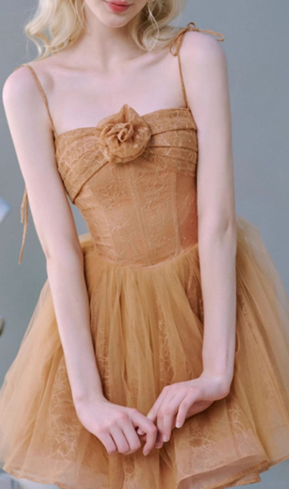 Caliste Caramel Flower Mesh Mini Dress