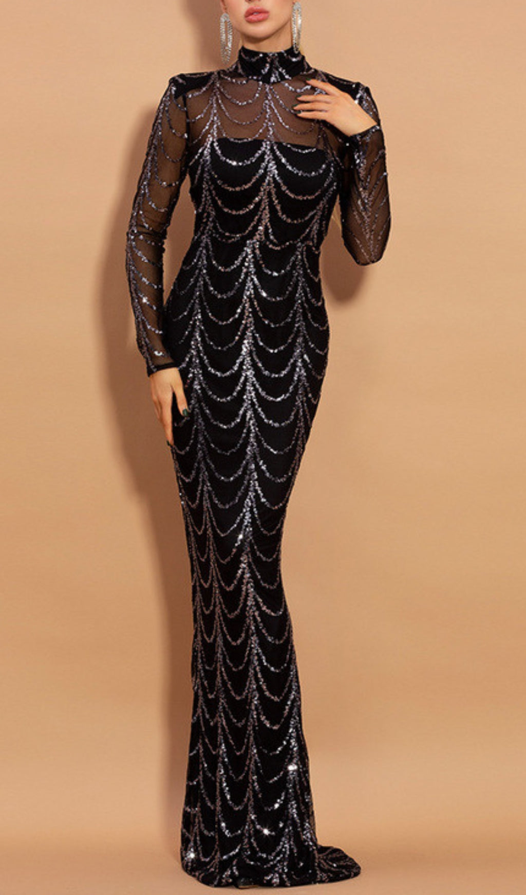 Bethia Black Sequin Mesh Sleeve Maxi Dress