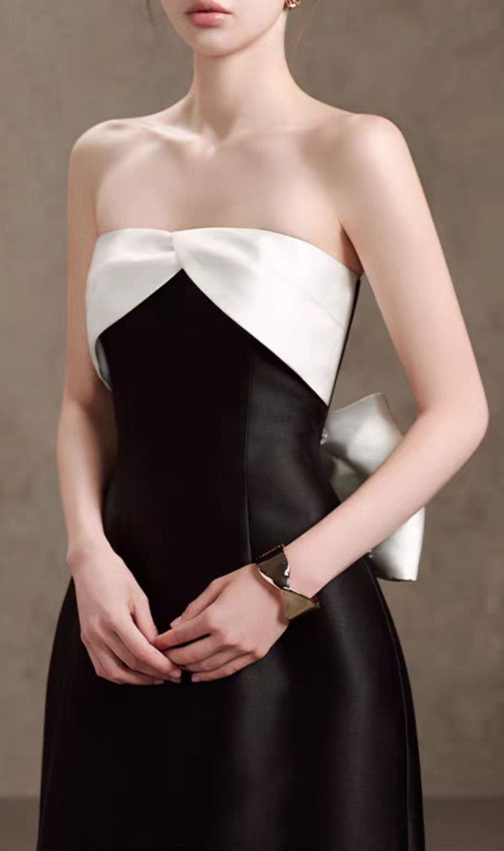 Hamlet Black Strapless Midi Dress | Elegant Contrast Twist-Bow Bodice