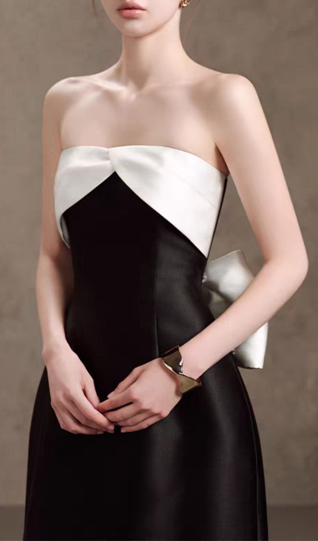 Hamlet Black Strapless Midi Dress | Elegant Contrast Twist-Bow Bodice