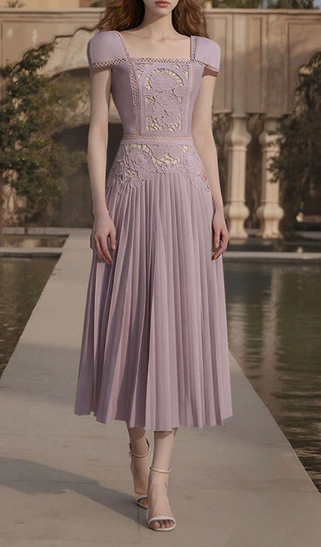 Hilda Flower Pleated Midi Dress