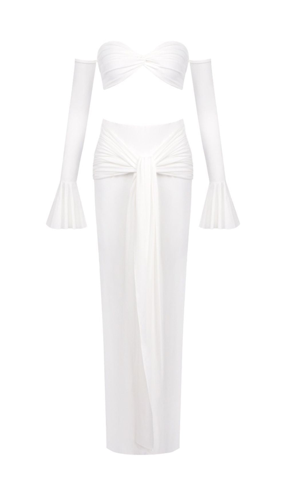 Hessa White Resort Chic Two-Piece Set | Strapless Top, Tie-Waist Pants & Statement Sleeves