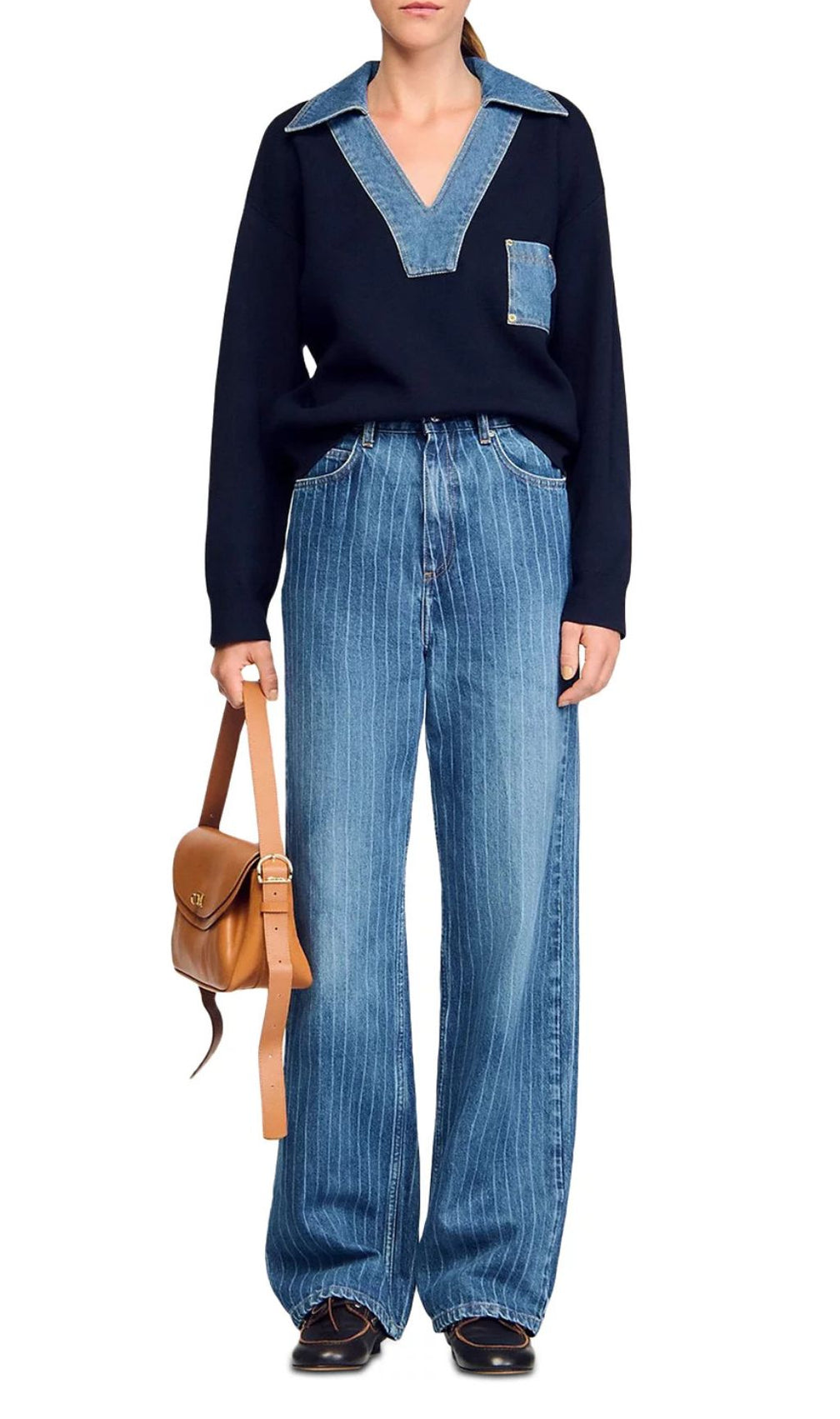 Effortless Chic Women's Denim V-Neck Pullover Sweater