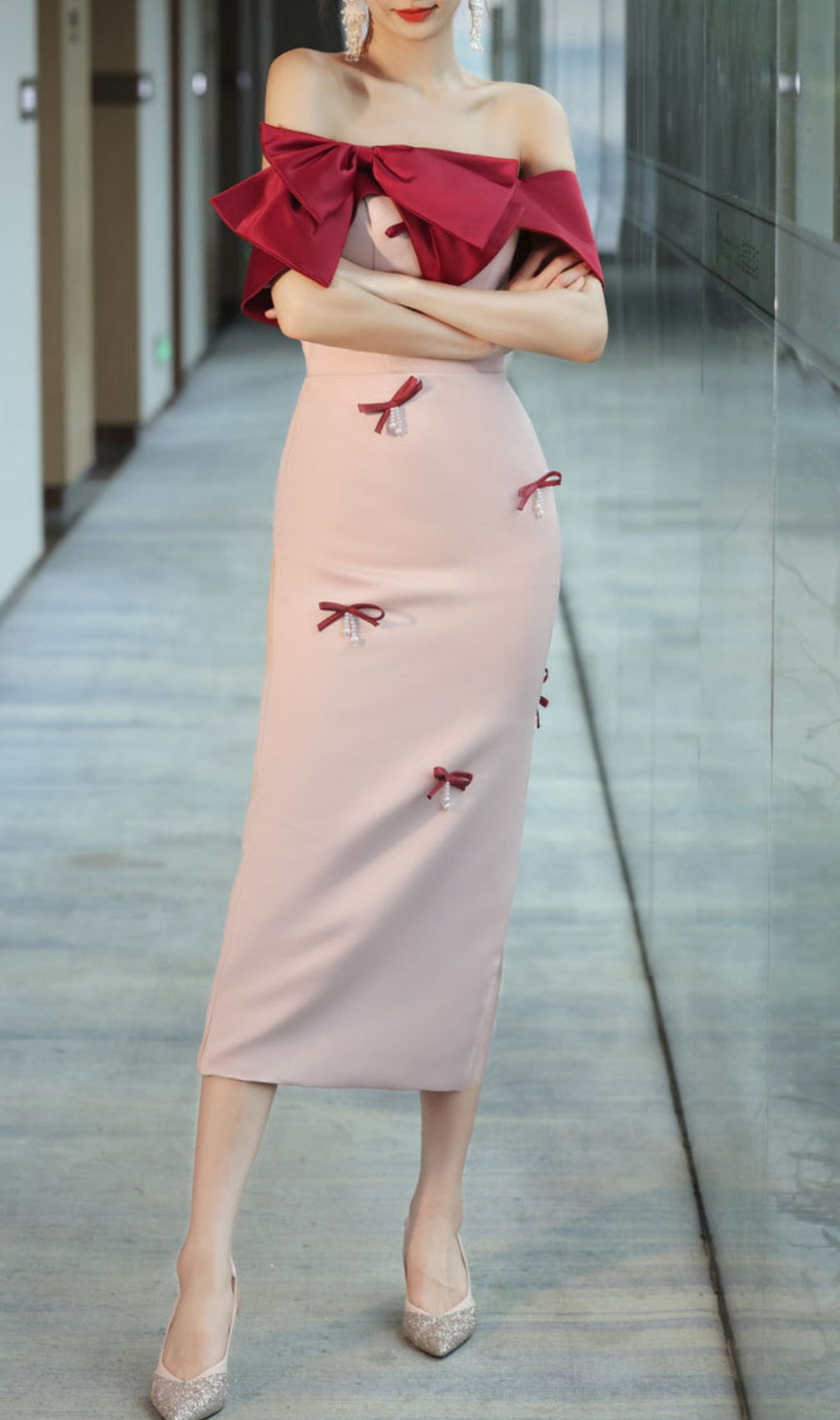 Ashly Faux Pearl Bow Midi Dress