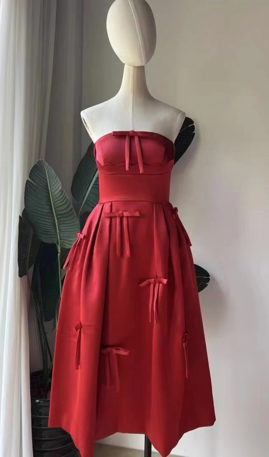 Berkant Red Strapless Bow Midi Dress