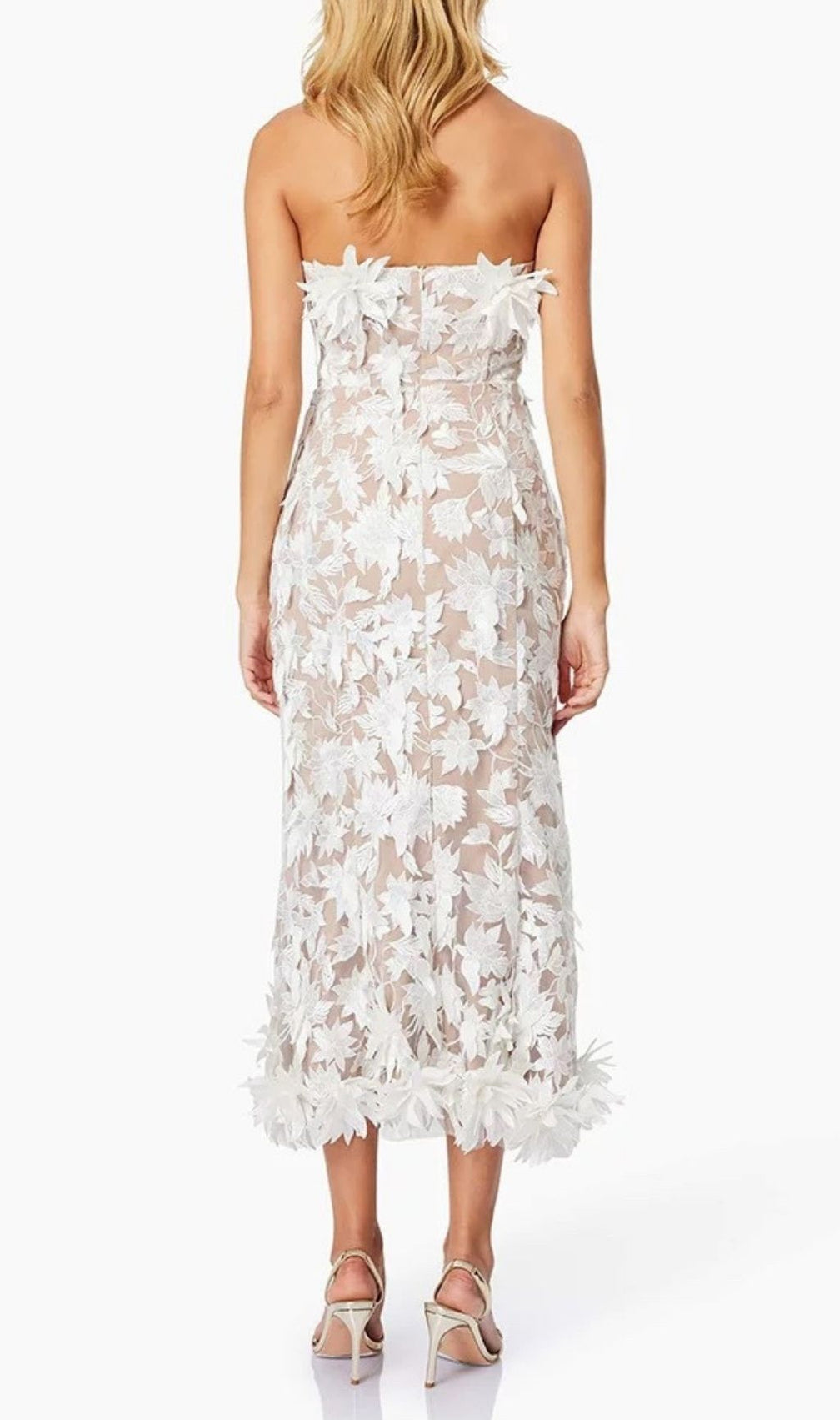 Derya White Strapless 3D Floral Midi Dress - Elegant Wedding Guest & Party
