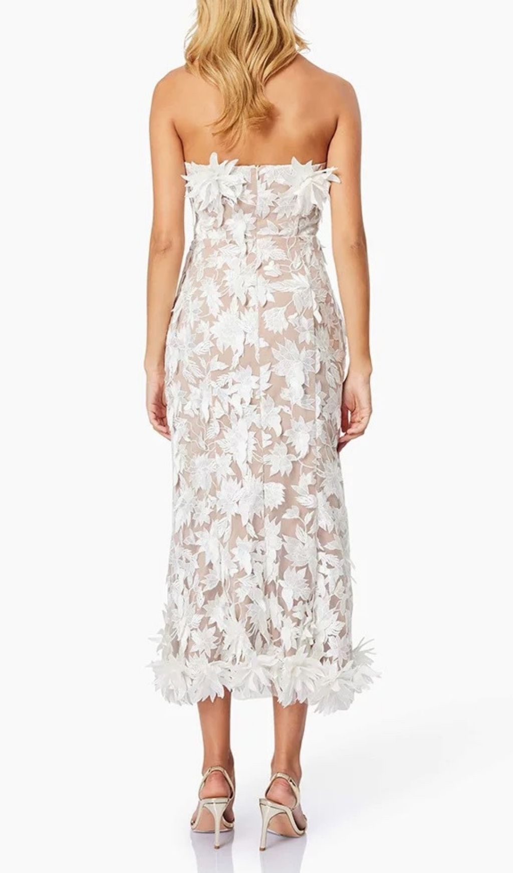 Derya White Strapless 3D Floral Midi Dress - Elegant Wedding Guest & Party