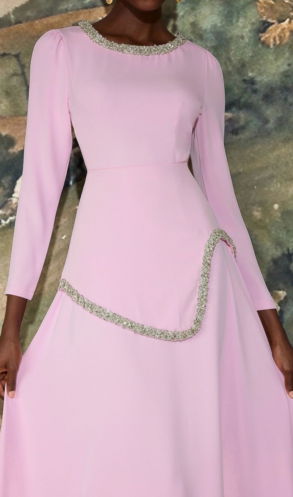 Damla Crystal & Rhinestone Embellished Pink Midi Dress - Elegant Three-Quarter Sleeve Gown