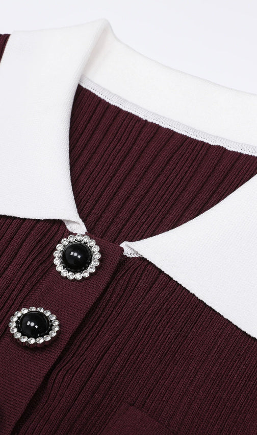 Javier Ribbed Knit Midi Dress - Long Sleeve, Contrast Collar & Burgundy Hue