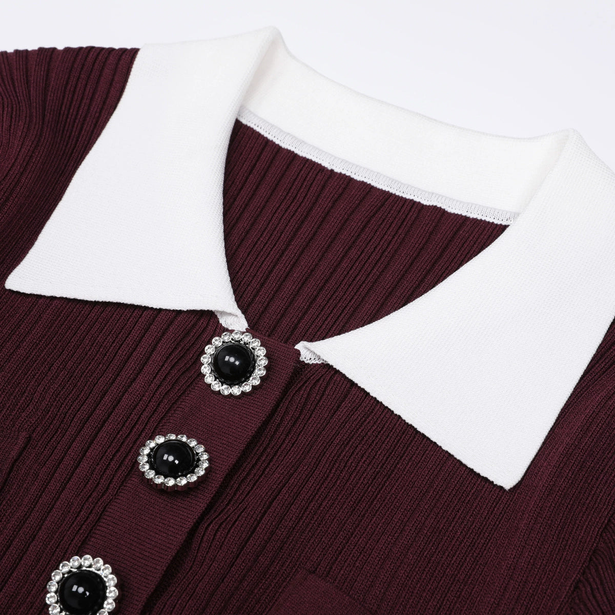 Javier Ribbed Knit Midi Dress - Long Sleeve, Contrast Collar & Burgundy Hue