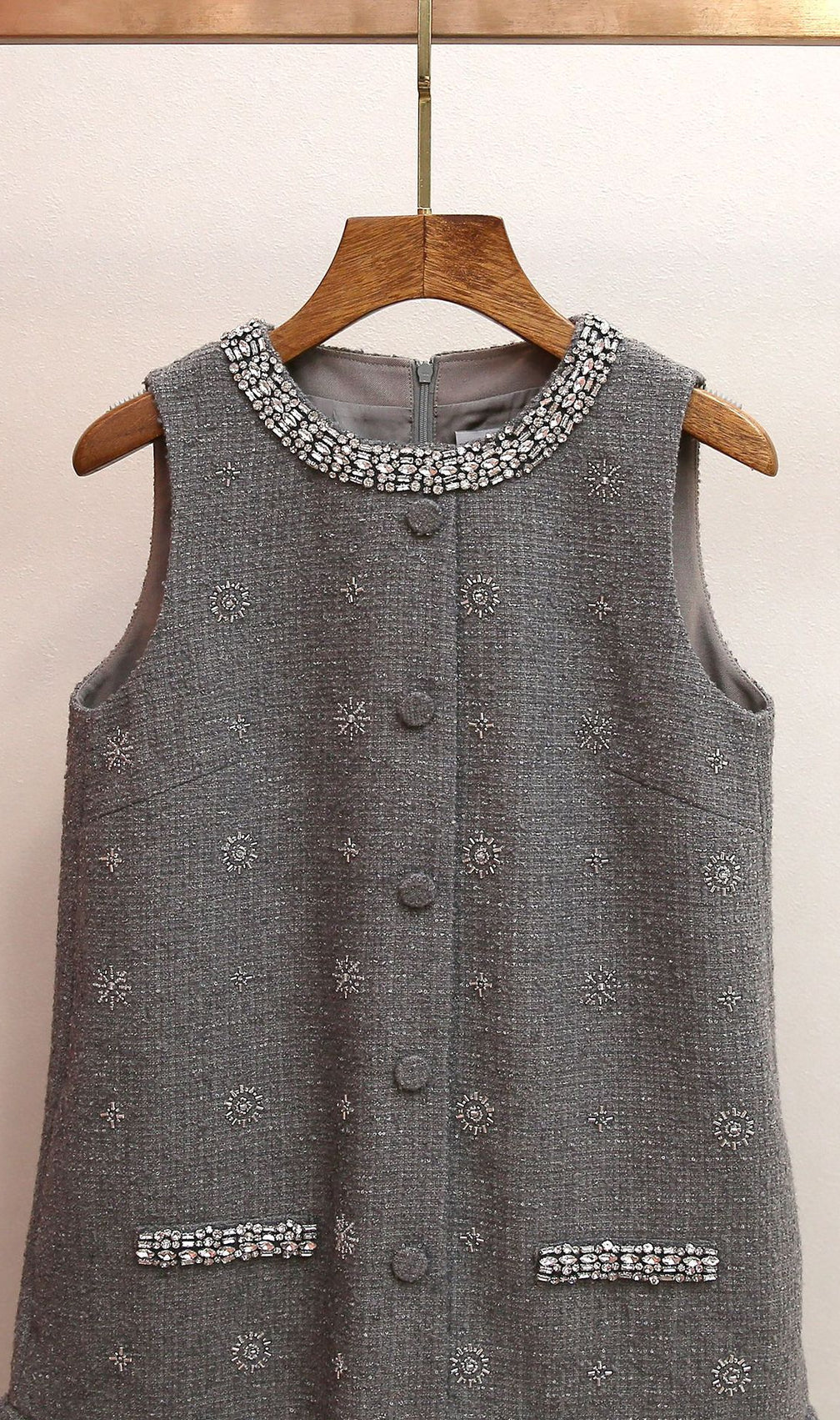 Hasana Sparkling Grey Tweed Sleeveless Mini Dress with Crystal Embellishments