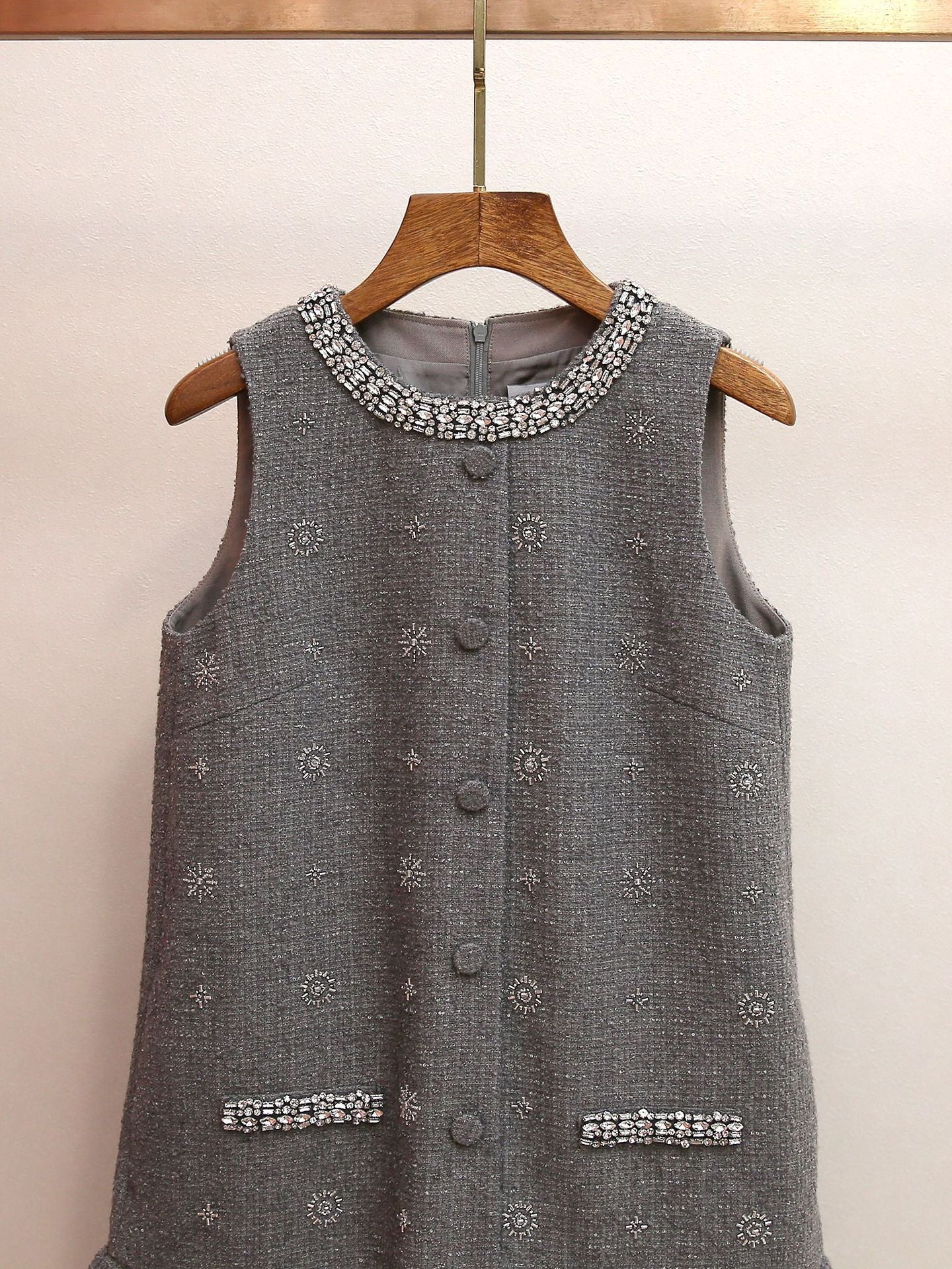 Hasana Sparkling Grey Tweed Sleeveless Mini Dress with Crystal Embellishments