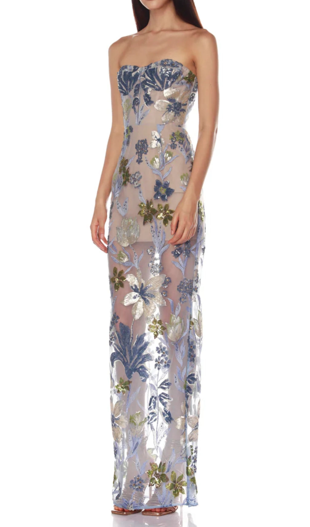 Danyl Blue Strapless Flower Sequin Maxi Dress
