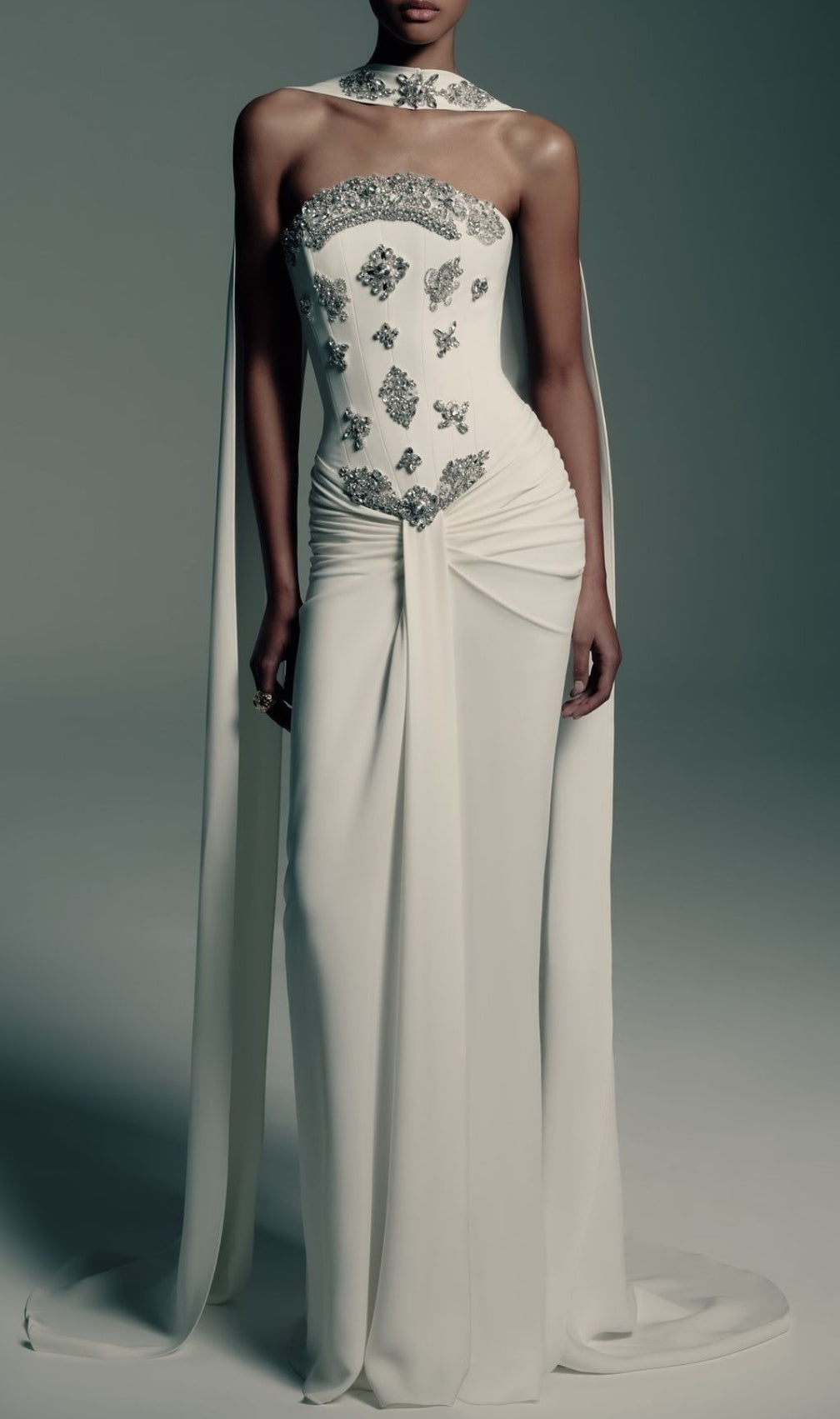 Kestrel White Diamante Ruched Maxi Gown - Elegant Evening & Gala Dress
