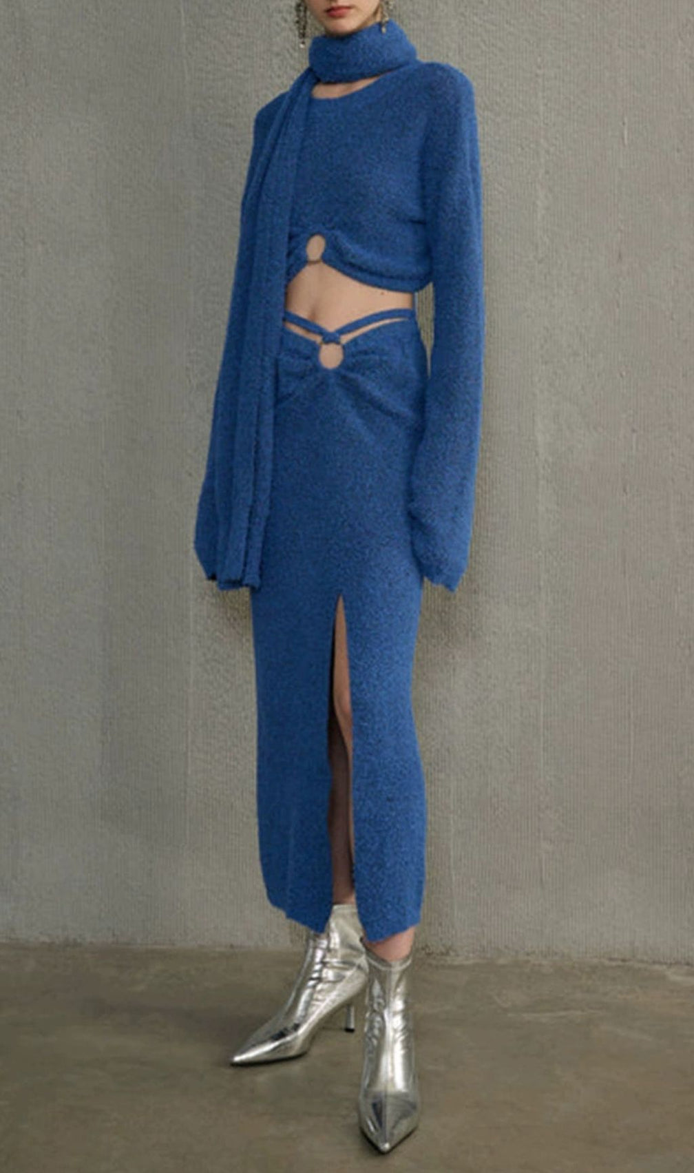 Hoshiko Chic Blue Knit 3-Piece Set: Crop Top, Slit Midi Skirt & Scarf