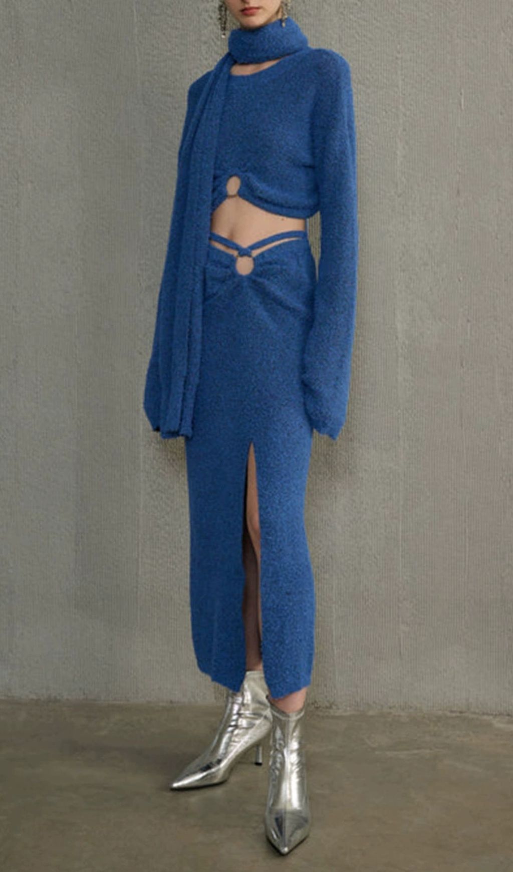 Hoshiko Chic Blue Knit 3-Piece Set: Crop Top, Slit Midi Skirt & Scarf