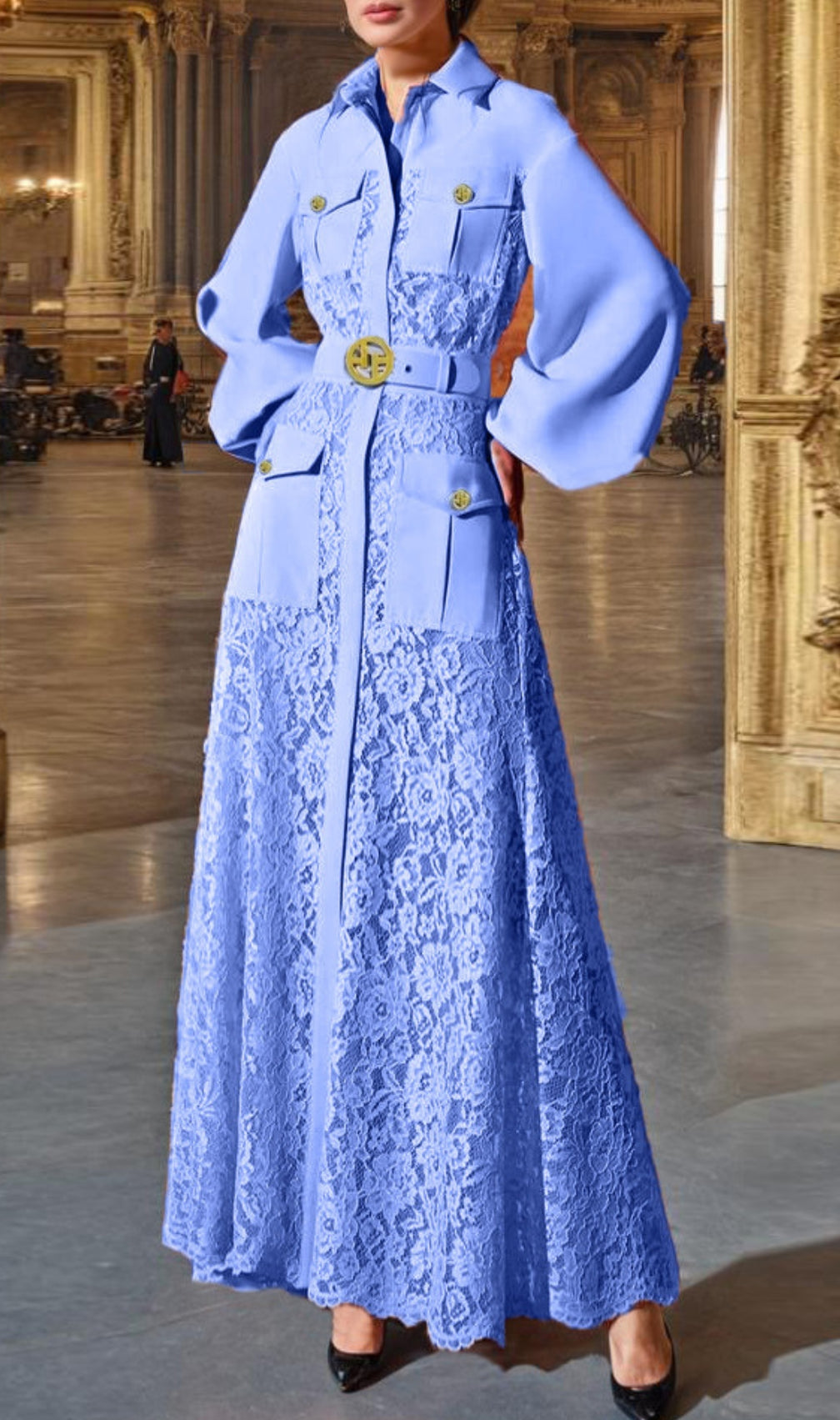 Carissa Embroidery Belt Long Sleeve Maxi Dress