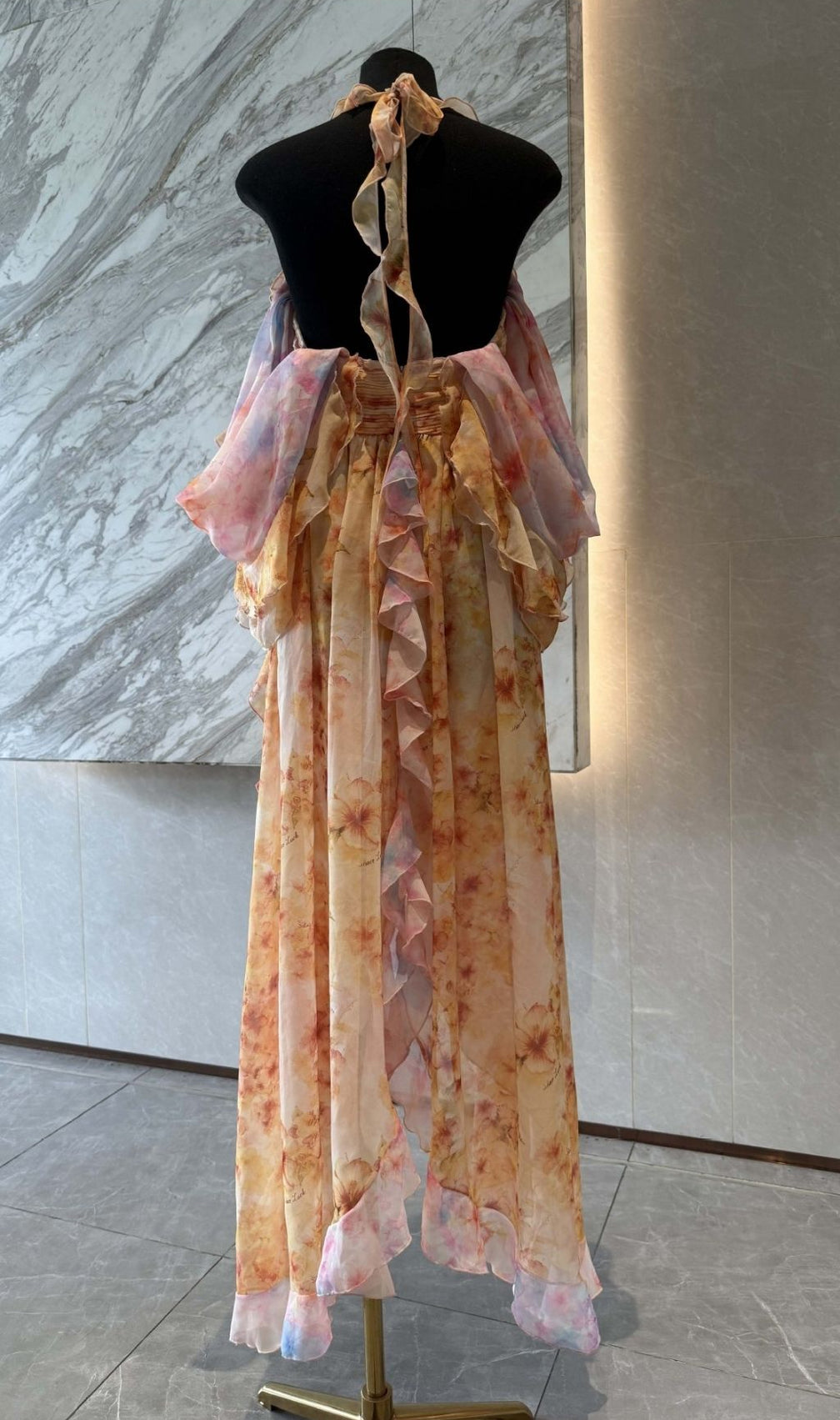 Komali Printed Butterfly Ruffle Maxi Dress