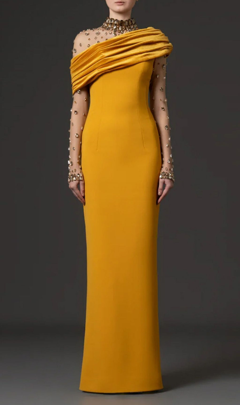 Kylan Yellow Diamante Long Sleeve Maxi Dress