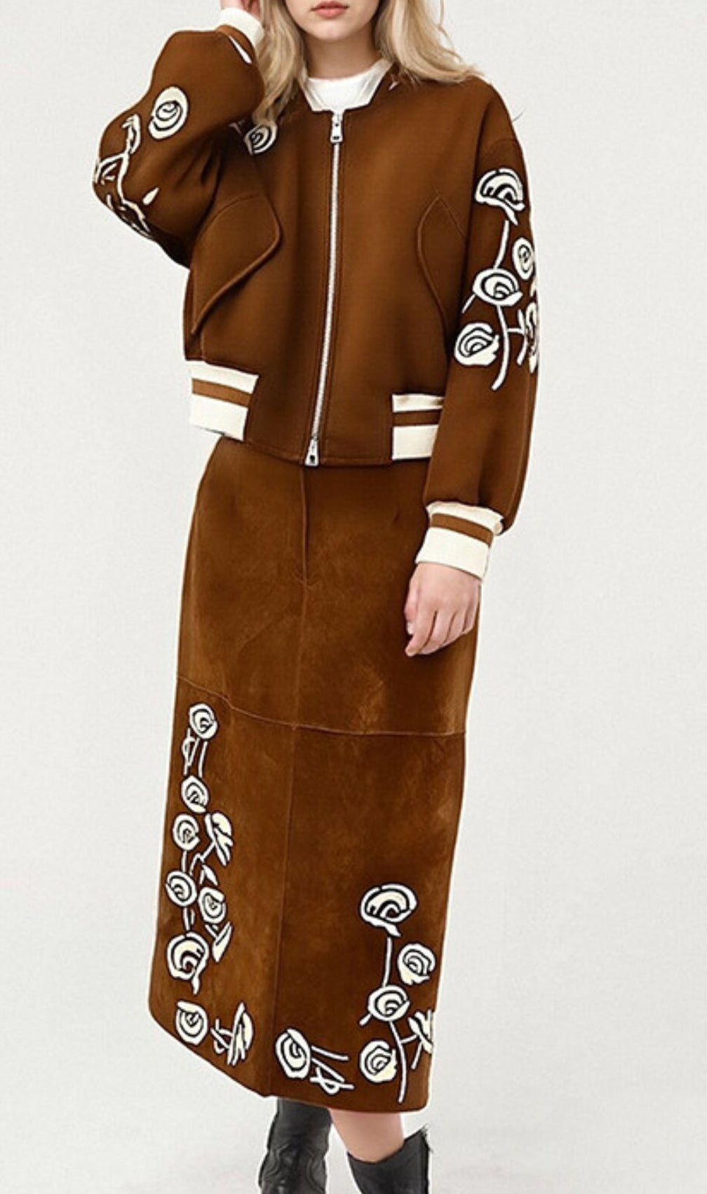 Huda Chic Brown Embroidered Faux Suede Bomber Jacket & Midi Skirt Set